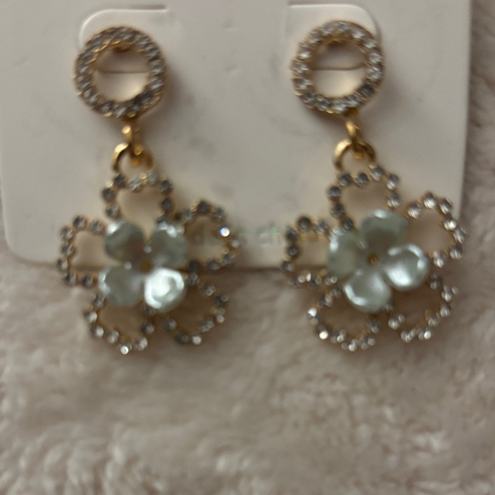 Gold Floral Drop Earrings with Pale Green Petals